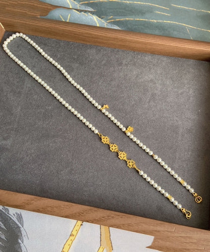 Chinese Style White Sterling Silver Overgild Pearl Ruyi Lock Sweater Pendant Necklace