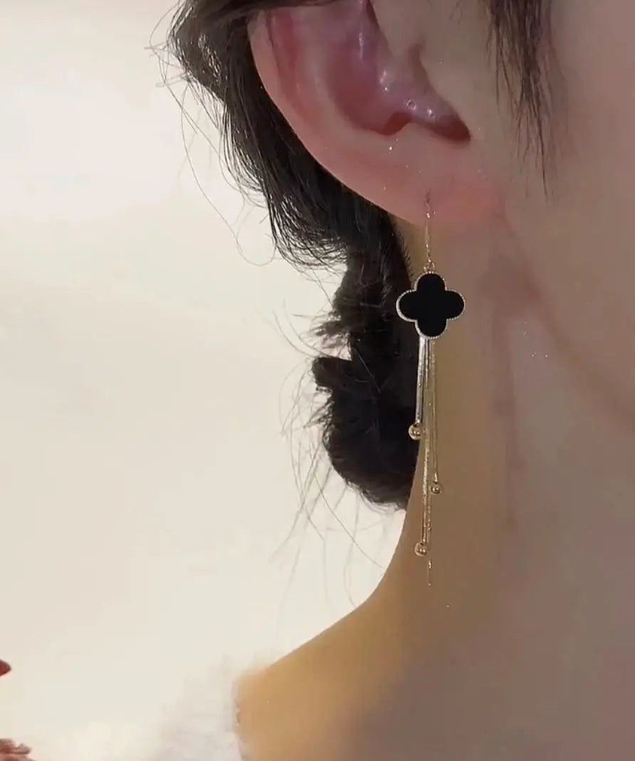 Sterling Silver Black Agate Four Leaf Grass Tassel Drop Earrings