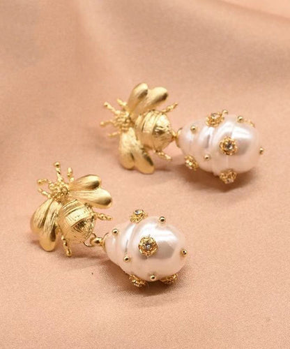 Classy Gold Copper Overgild Zircon Bee Pearl Drop Earrings