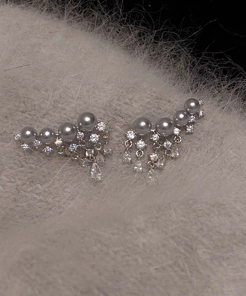 Classy Grey Copper Overgild Zircon Pearl Tassel Stud Earrings