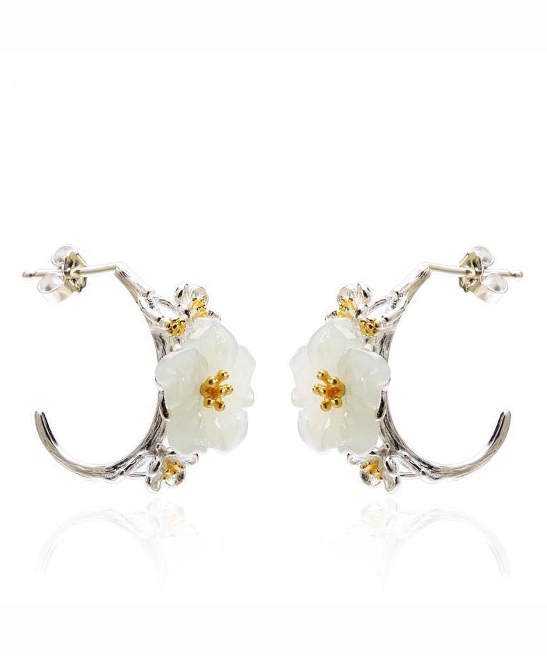 Classy White Sterling Silver Inlaid Jade Hoop Earrings