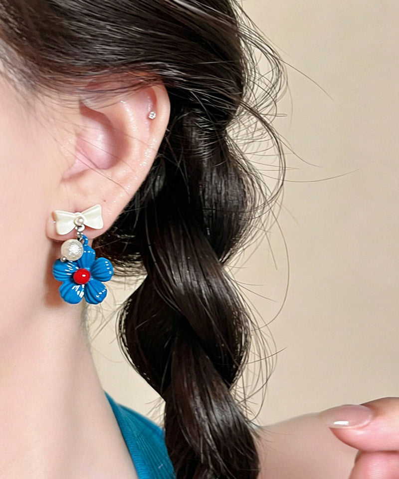 Blue Copper Dripping Glaze Bow Drop Earrings