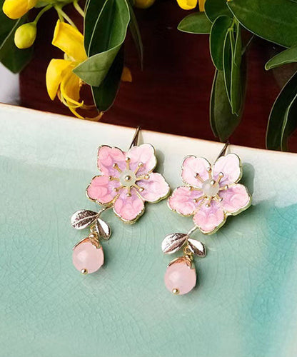 Pink Alloy Inlaid Gem Stone Oil Drip Drop Earrings