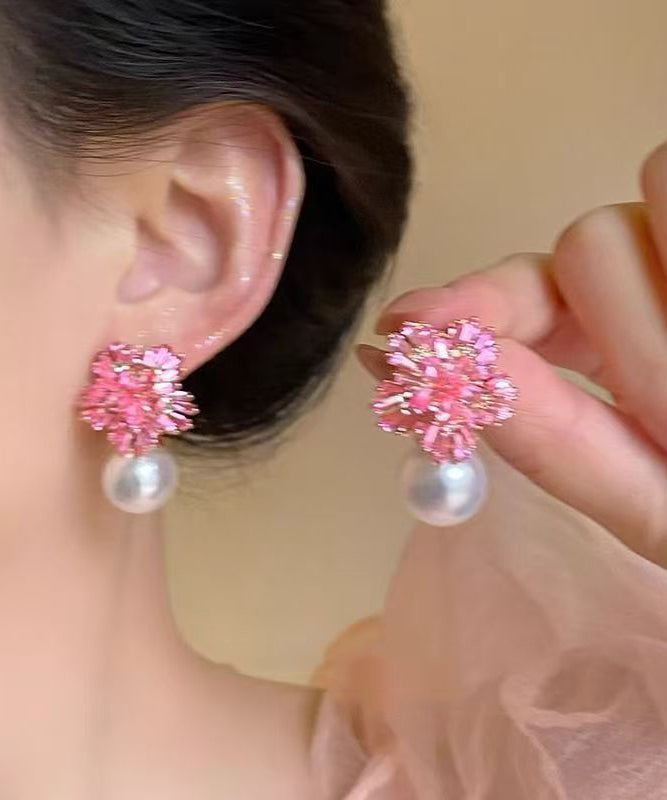 Pink Copper Zircon Pearl Drop Earrings