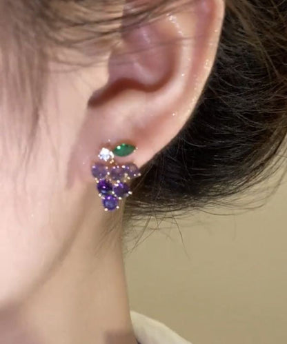 Purple Alloy Zircon Grapes Stud Earrings