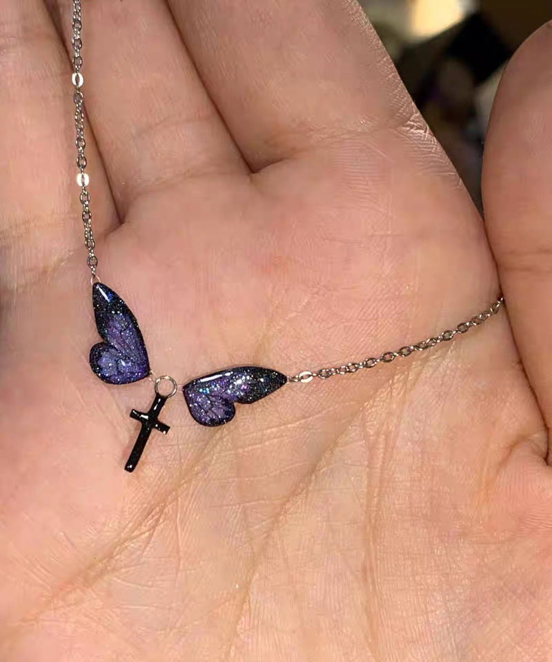 Purple Silver Alloy Zircon Butterfly Cross Pendant Necklace