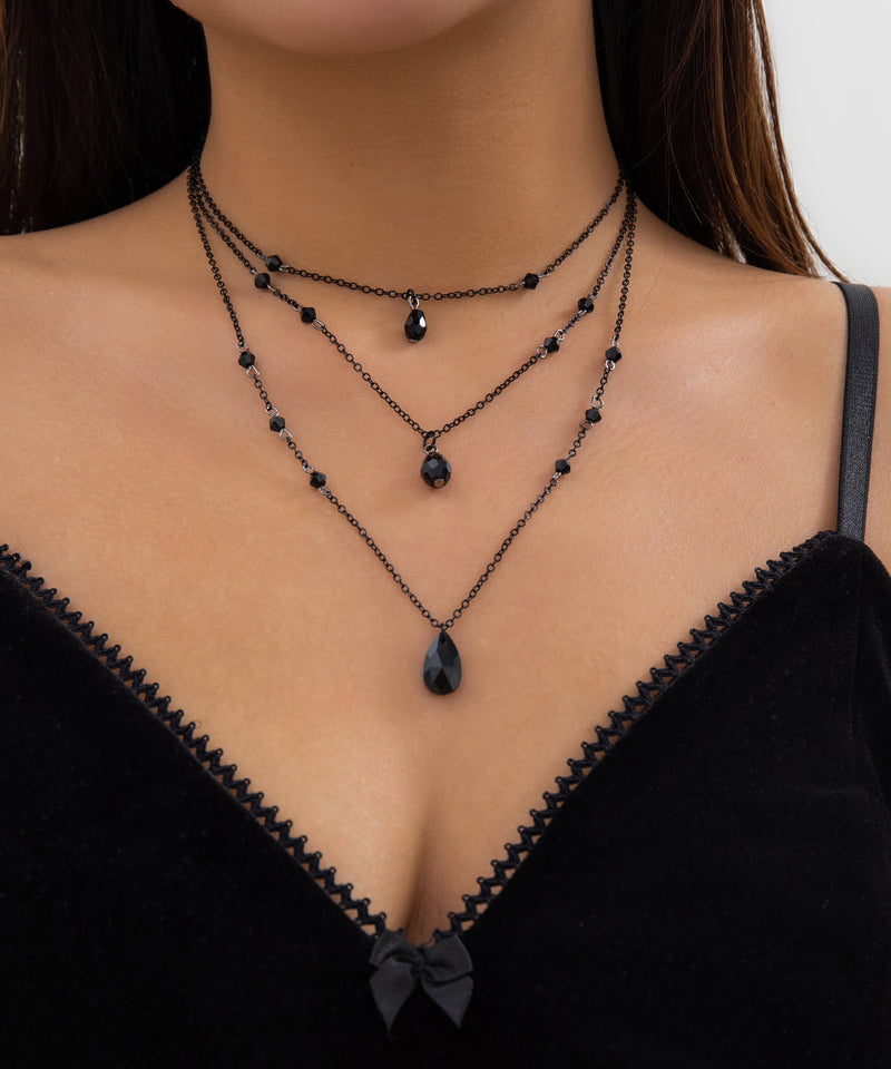 Diy Black Metal Crystal Tassel Three-piece Set Pendant Necklace