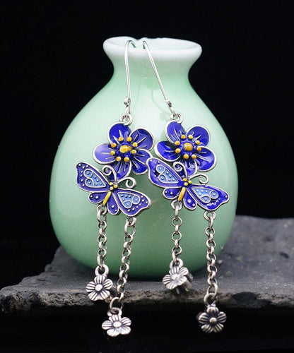 Diy Blue Sterling Silver Butterfly Tassel Drop Earrings