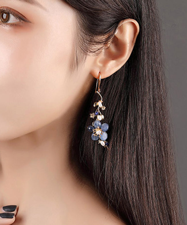 Diy Blue Sterling Silver Jade Crystal Zircon Pearl Drop Earrings