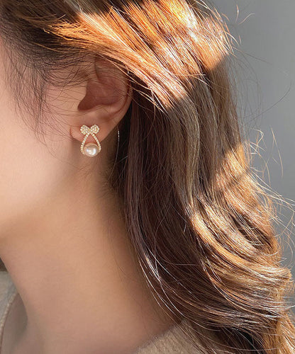 Diy Gold Sterling Silver Alloy Zircon Pearl Bow Stud Earrings