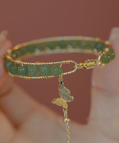 Diy Green Copper Overgild Jade Butterfly Tassel Charm Bracelet Gh1018