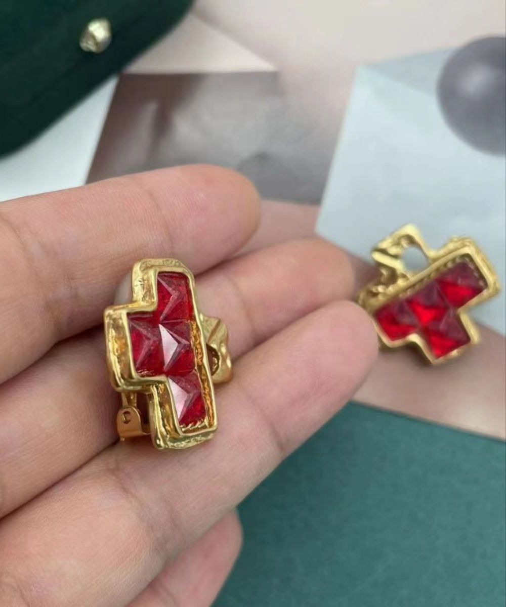 Diy Red Sterling Silver Overgild Crystal Asymmetric Stud Earrings Df1008
