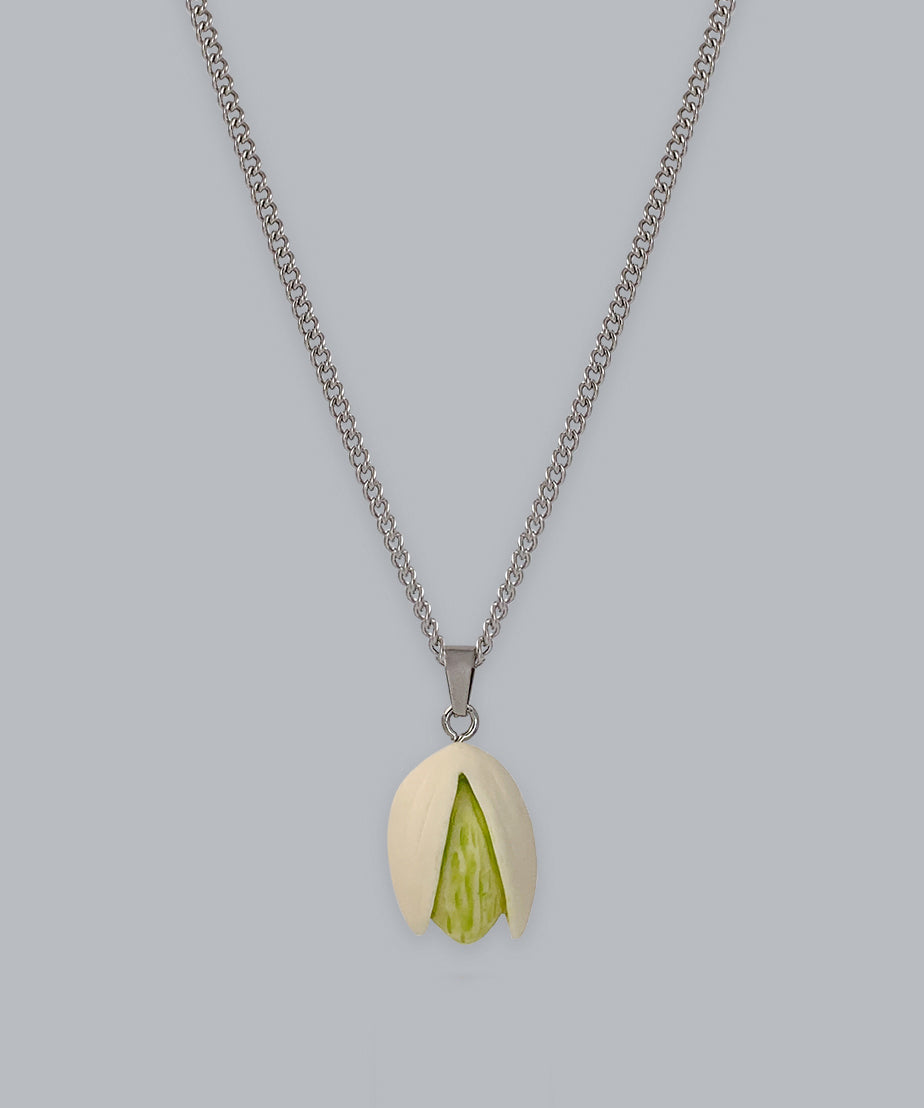 Diy Silk Stainless Steel Resin Pistachios Pendant Necklace Qj019