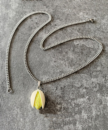 Diy Silk Stainless Steel Resin Pistachios Pendant Necklace Qj019