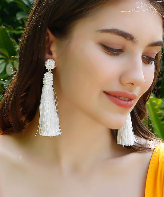 Diy White Silk Cotton Rice Ball Tassel Drop Earrings
