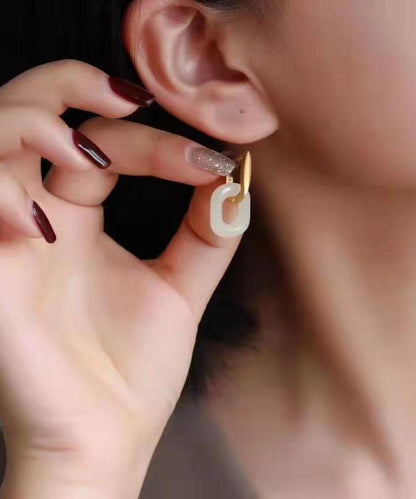 Diy White Sterling Silver Gilded Inlaid Jade Hoop Earrings
