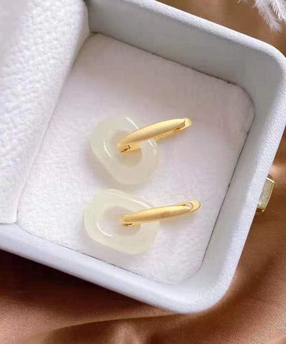 Diy White Sterling Silver Gilded Inlaid Jade Hoop Earrings