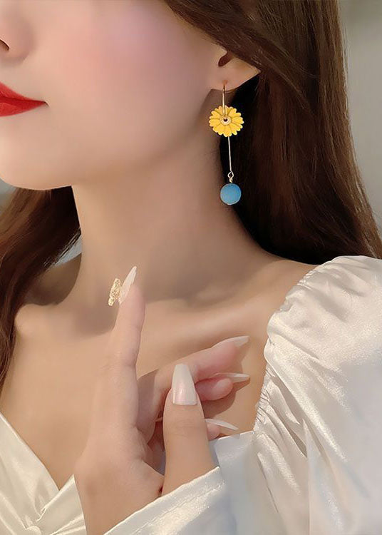 Diy Yellow Daisy Asymmetrical Design Metal Drop Earrings