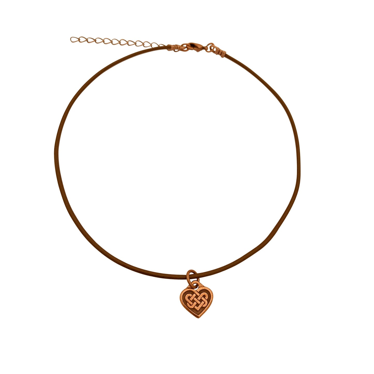 Dragonweave Celtic Heart Charm Necklace and Earring Set, Antique Copper Brown Leather Choker and Leverback Earrings
