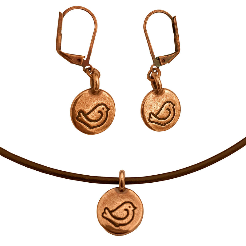 Dragonweave Bird Circle Charm Necklace and Earring Set, Antique Copper Brown Leather Choker and Leverback Earrings