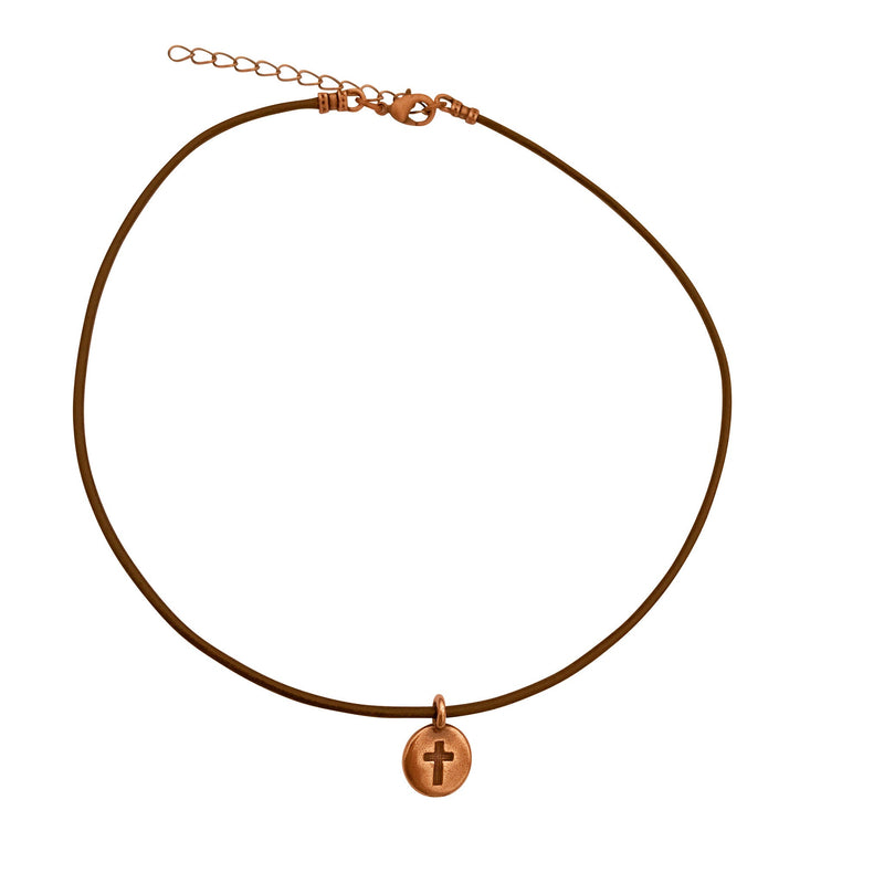 Dragonweave Cross Circle Charm Necklace and Earring Set, Antique Copper Brown Leather Choker and Leverback Earrings