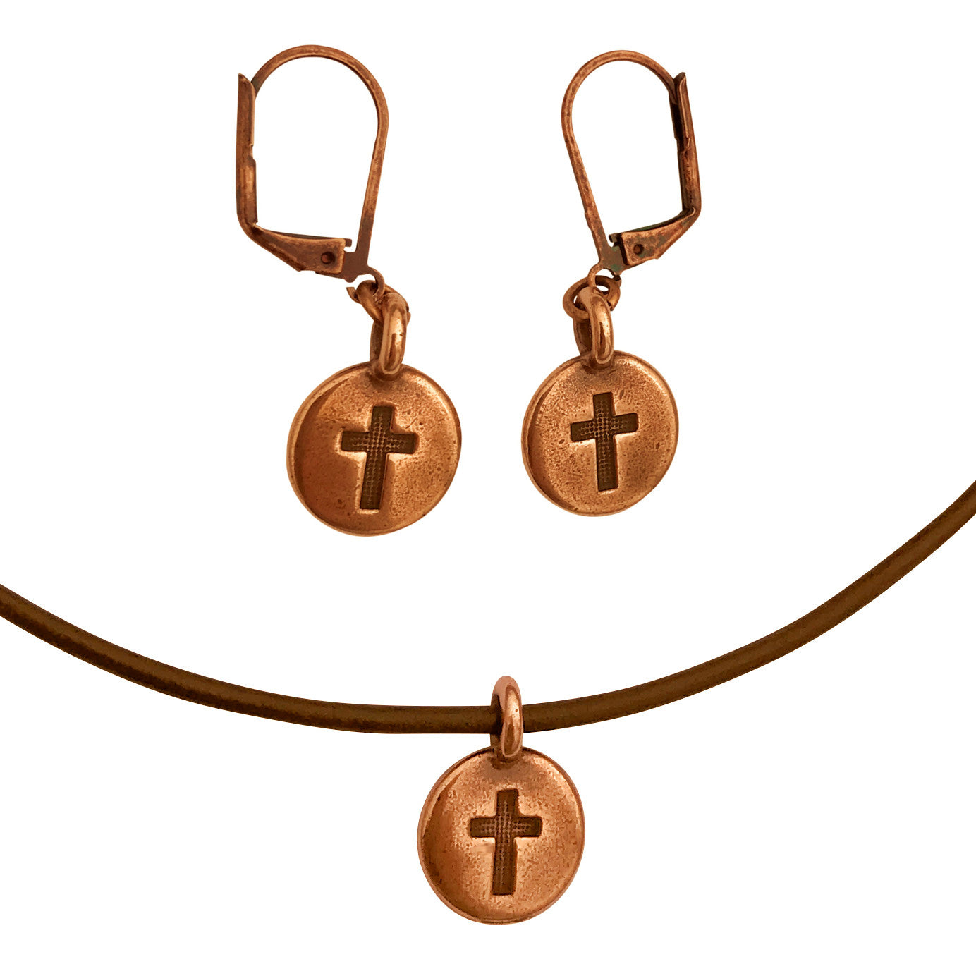 Dragonweave Cross Circle Charm Necklace and Earring Set, Antique Copper Brown Leather Choker and Leverback Earrings