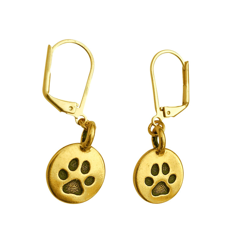 Dragonweave Paw Circle Charm Necklace and Earring Set, Gold Plated Black Leather Choker and Leverback Earrings
