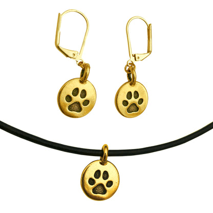 Dragonweave Paw Circle Charm Necklace and Earring Set, Gold Plated Black Leather Choker and Leverback Earrings