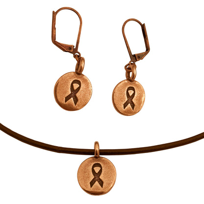 Dragonweave Ribbon Circle Charm Necklace and Earring Set, Antique Copper Brown Leather Choker and Leverback Earrings