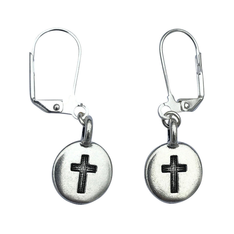 Dragonweave Cross Circle Charm Necklace and Earring Set, Silver Plated Black Leather Choker and Leverback Earrings