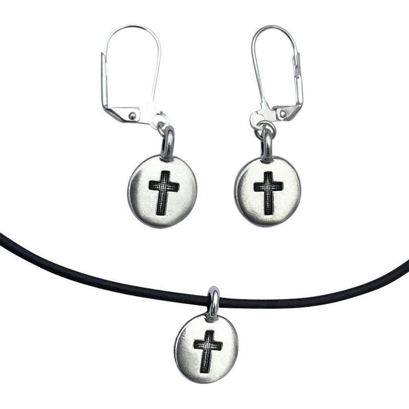 Dragonweave Cross Circle Charm Necklace and Earring Set, Silver Plated Black Leather Choker and Leverback Earrings