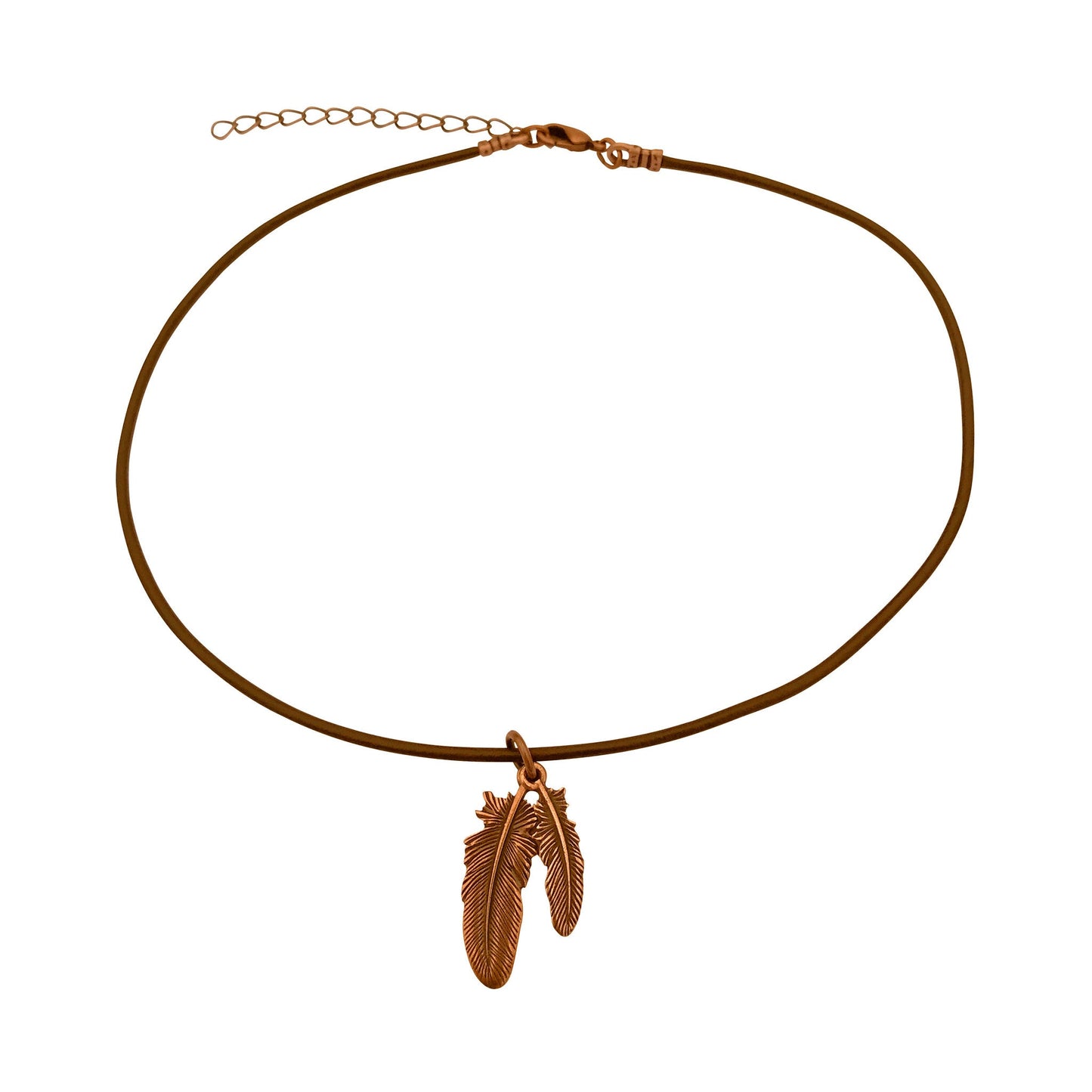 Dragonweave Feather Charm Necklace and Earring Set, Antique Copper Brown Leather Choker and Leverback Earrings