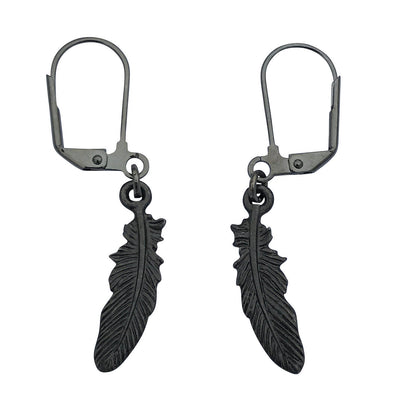 Dragonweave Raven Feather Charm Necklace and Earring Set, Gunmetal Black Leather Choker and Leverback Earrings