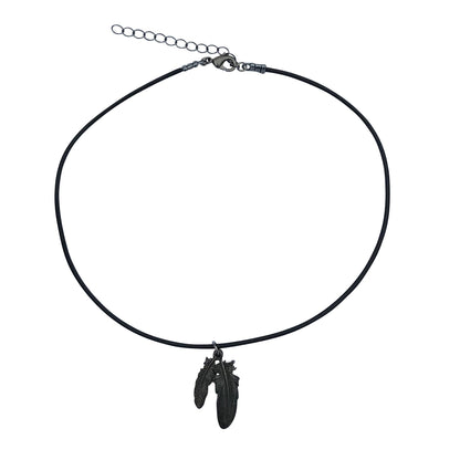 Dragonweave Raven Feather Charm Necklace and Earring Set, Gunmetal Black Leather Choker and Leverback Earrings