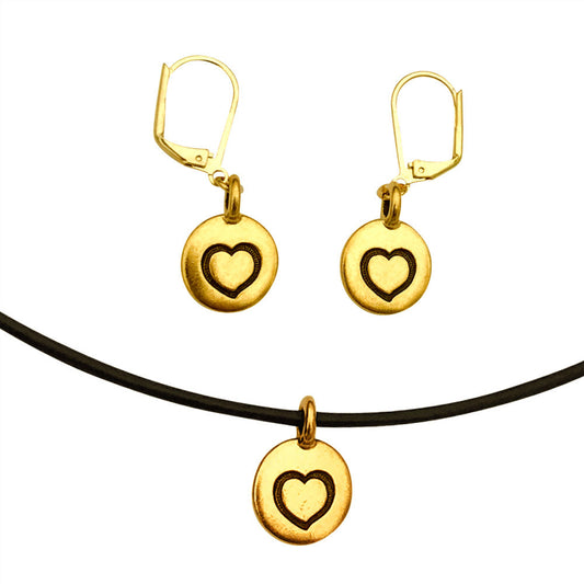 Dragonweave Heart Circle Charm Necklace and Earring Set, Gold Plated Black Leather Choker and Leverback Earrings