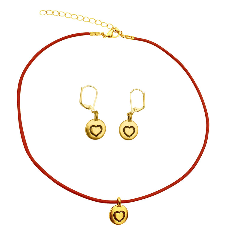 Dragonweave Heart Circle Love Charm Red Necklace & Earring Set, Gold Plated Red Leather