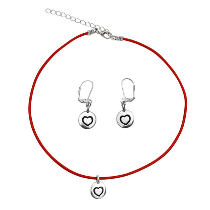 Dragonweave Heart Circle Charm Necklace and Earring Set, Silver Plated Red Leather Choker and Leverback Earrings