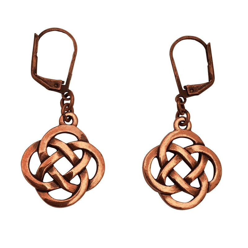 Dragonweave Infinity Knot Charm Necklace and Earring Set, Antique Copper Brown Leather Choker and Leverback Earrings