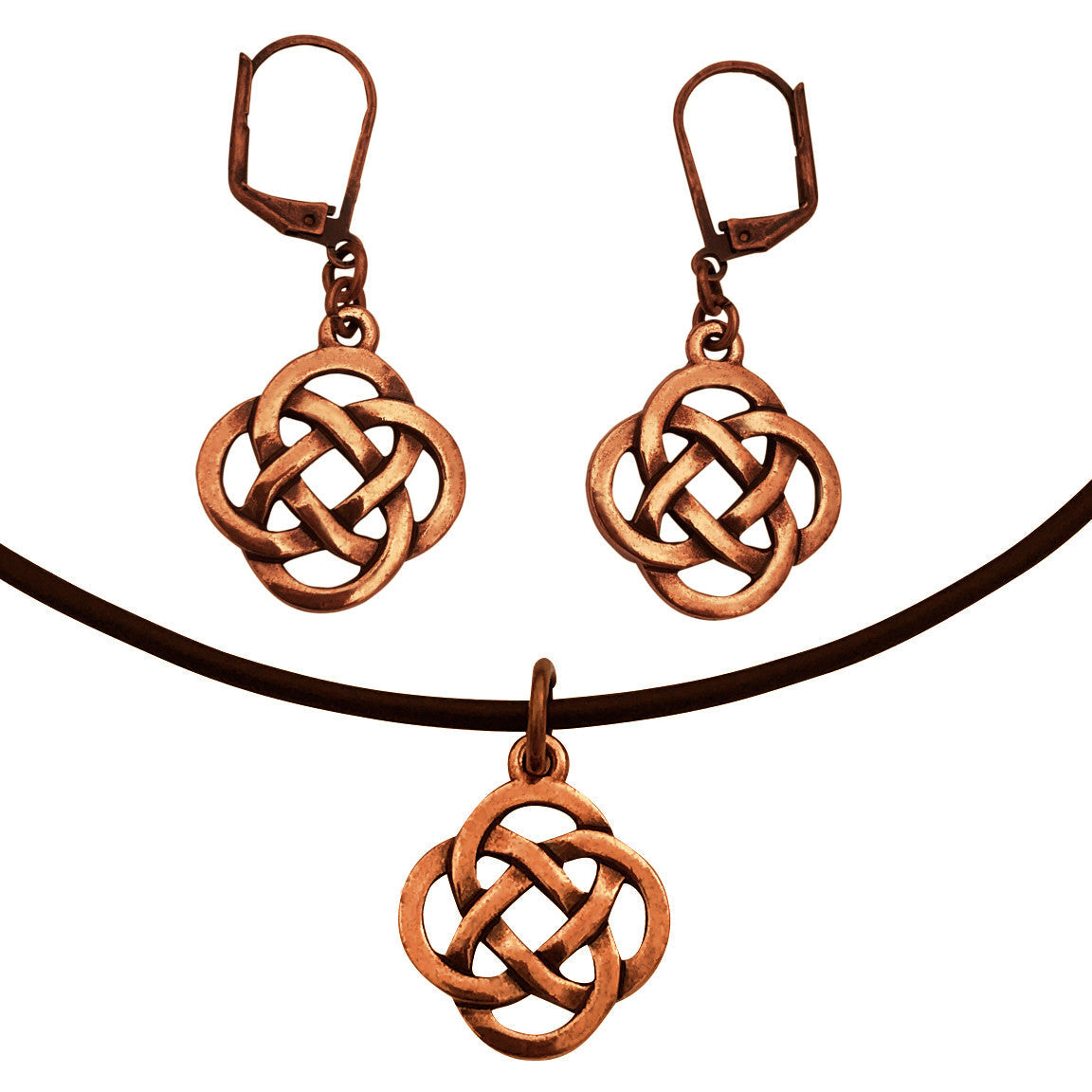Dragonweave Infinity Knot Charm Necklace and Earring Set, Antique Copper Brown Leather Choker and Leverback Earrings