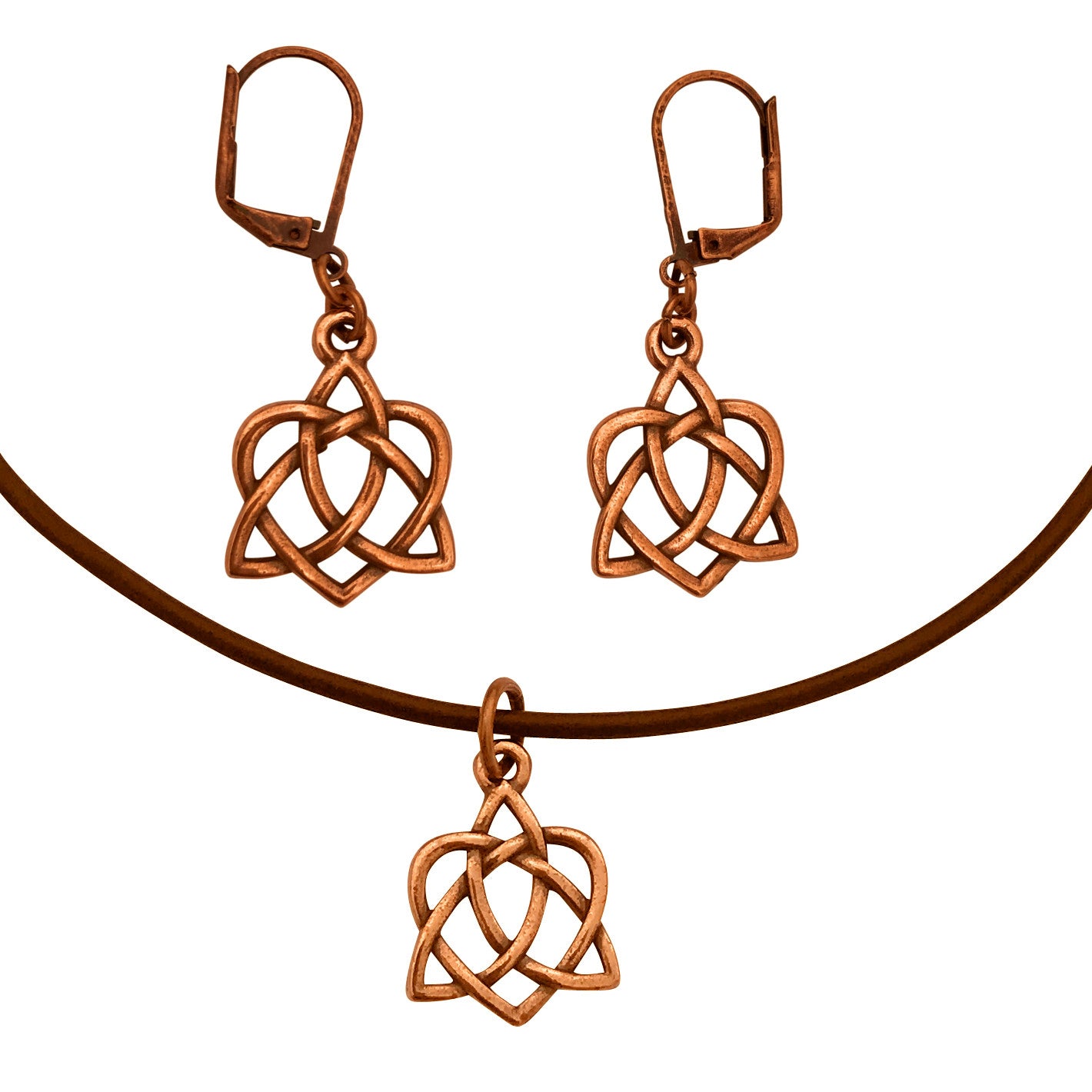 Dragonweave Celtic Heart Open Knot Charm Necklace and Earring Set, Antique Copper Brown Leather Choker and Leverback Earrings