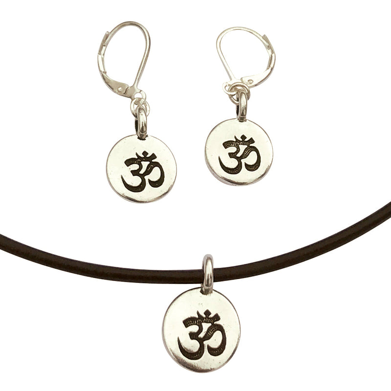 Dragonweave Om/ohm Symbol Circle Charm Necklace and Earring Set, Silver Plated Black Leather Choker and Leverback Earrings