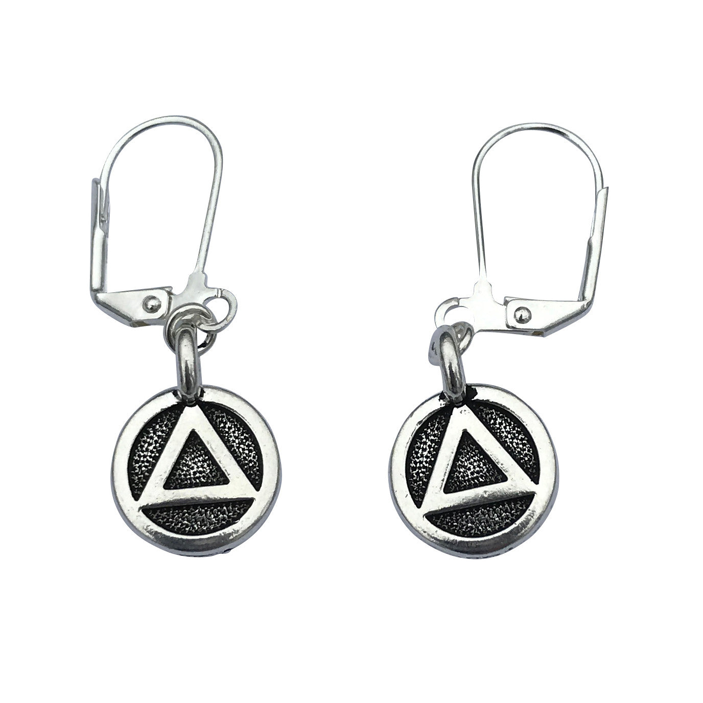 Dragonweave Recovery Triangle Circle Charm Necklace and Earring Set, Silver Plated Black Leather Choker and Leverback Earrings