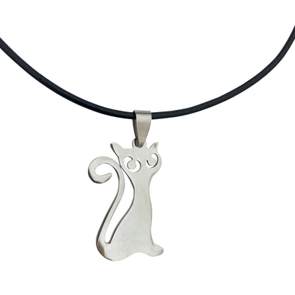 Dragonweave Steel Cat Pendant Necklace on Adjustable Black Leather Cord