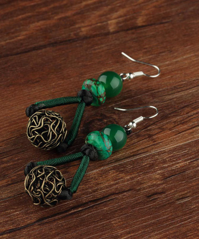 Blackish Green Sterling Silver Alloy Green Agate Emperor Stone Drop Earrings