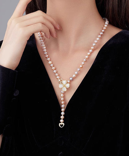Champagne Alloy Pearl Zircon Lariat Necklace