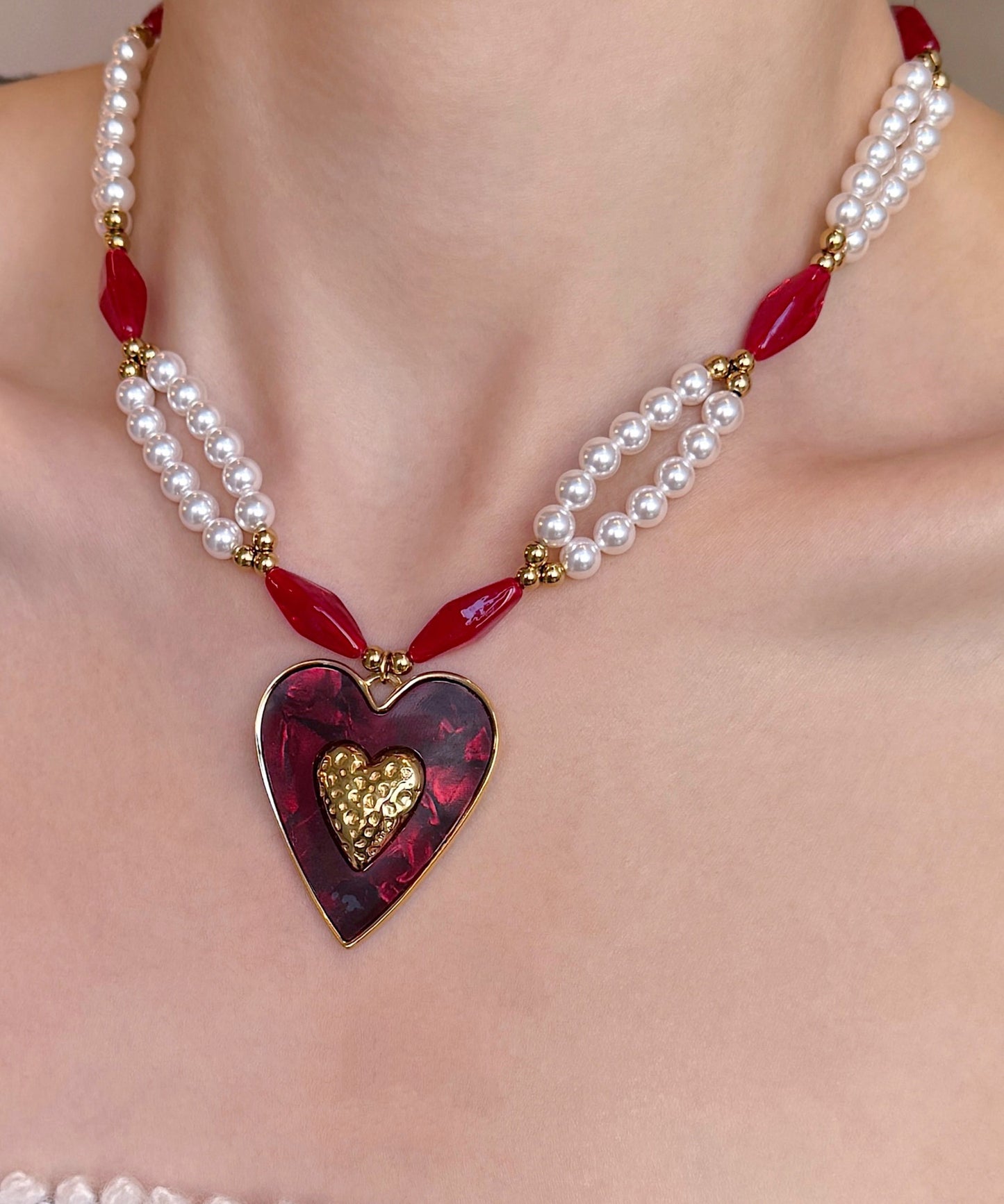 Colorblock Alloy Pearl Love Glass Bead Pendant Necklace