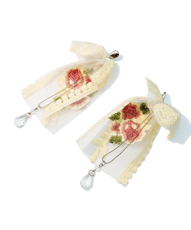 Embroidered Rose Mesh Dangle With Crystal Tasseled Pendant Earrings
