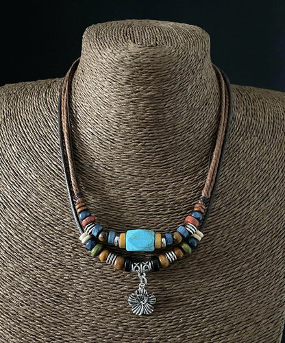 Faux Leather Alloy Turquoise Pendant Necklace
