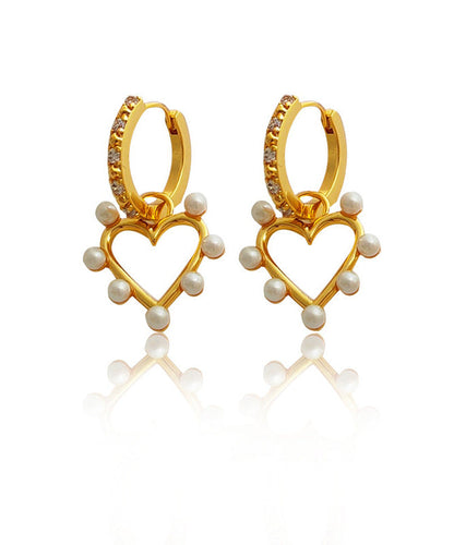Gold Copper Overgild Inlaid Zircon Pearl Heart Hoop Earrings