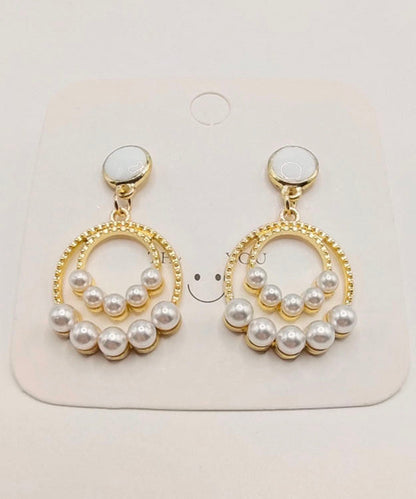 Gold Sterling Silver Alloy Pearl Circle Drop Earrings
